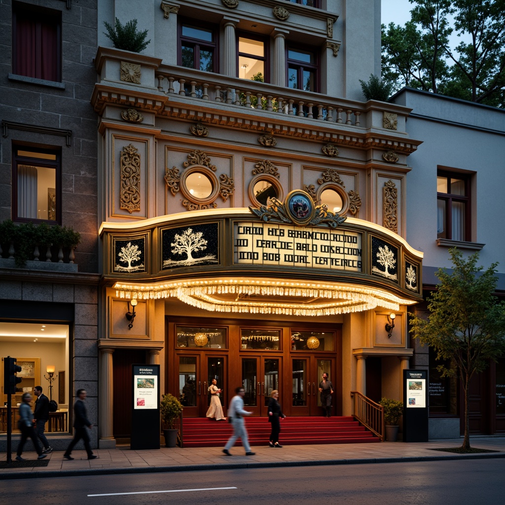 Prompt: Ornate cinema facade, vintage signage, decorative cornices, grand entranceways, red carpeting, golden accents, intricate moldings, ornamental columns, cinematic lighting, warm color palette, nostalgic atmosphere, urban cityscape, bustling streets, evening ambiance, soft focus, shallow depth of field, 1/2 composition, cinematic framing, realistic textures, ambient occlusion.