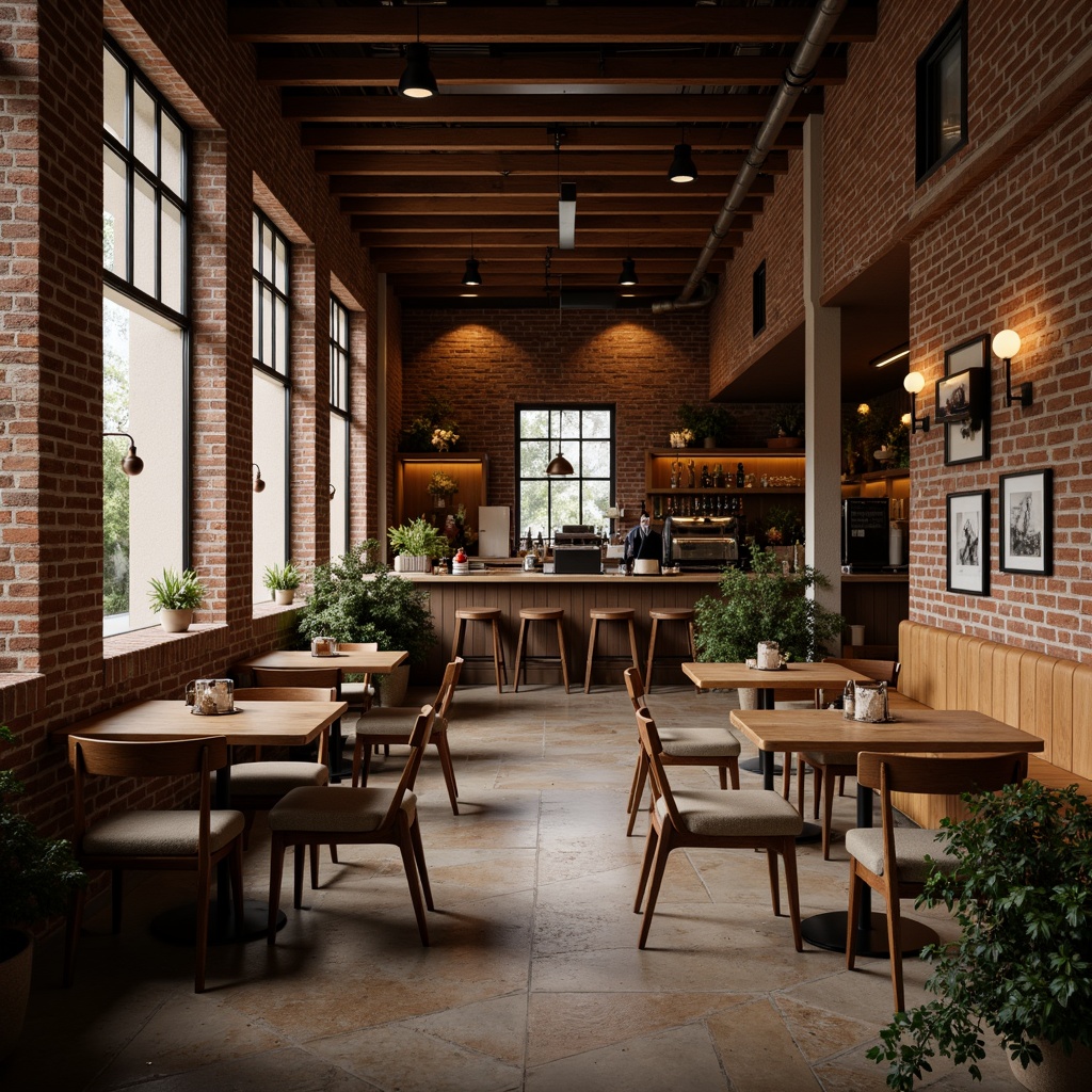 Prompt: Cozy coffee shop, warm wooden accents, rich brown tones, comfortable seating areas, rustic brick walls, industrial metal beams, reclaimed wood tables, soft cushioned chairs, natural stone flooring, earthy color palette, warm lighting ambiance, shallow depth of field, 3/4 composition, realistic textures, ambient occlusion.