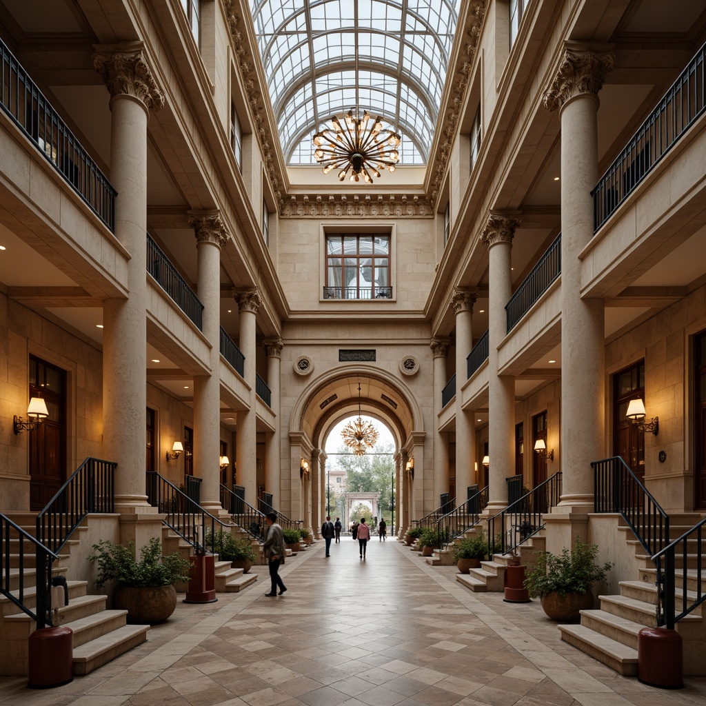 Prompt: Grandiose research center, neoclassical facade, ornate columns, carved stone details, symmetrical composition, grand entrance, sweeping staircases, elegant balustrades, refined wood paneling, luxurious chandeliers, subtle warm lighting, soft focus, shallow depth of field, 2/3 composition, panoramic view, realistic textures, ambient occlusion.