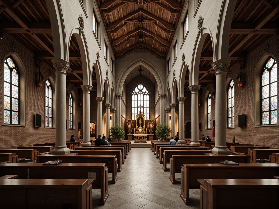 Prompt: Intricate stone carvings, ornate wooden pews, stained glass windows, grandiose vaulted ceilings, rustic brick walls, weathered copper roofing, intricate marble flooring, lavish golden ornaments, mystical ambiance, soft warm lighting, dramatic shadows, 1/1 composition, symmetrical framing, realistic textures, ambient occlusion, fusion of modern minimalism and ancient Gothic Revival styles.