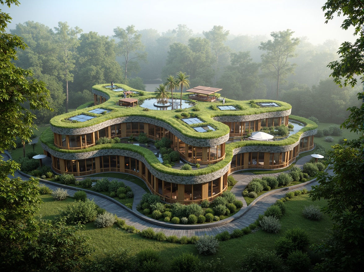 Prompt: Harmonious eco-friendly building, lush green roofs, living walls, solar panels, wind turbines, rainwater harvesting systems, natural stone fa\u00e7ades, curved lines, organic shapes, seamless integration with surroundings, serene forest environment, misty morning atmosphere, soft diffused lighting, shallow depth of field, 1/1 composition, realistic textures, ambient occlusion.