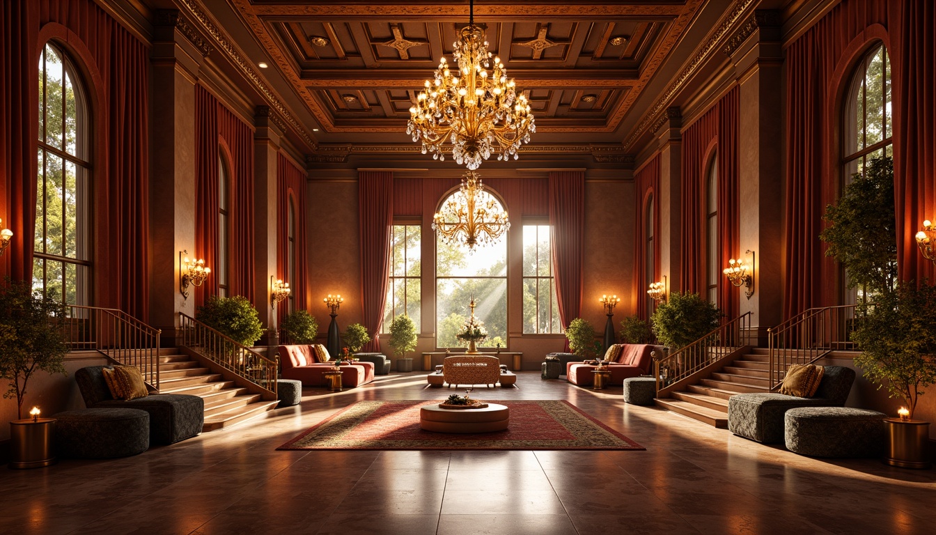 Prompt: Luxurious event space, opulent chandeliers, rich velvet drapes, polished marble floors, ornate metalwork, lavish furnishings, plush carpets, grand staircases, sparkling crystal decorations, warm golden lighting, intimate ambiance, 3/4 composition, shallow depth of field, realistic textures, ambient occlusion.