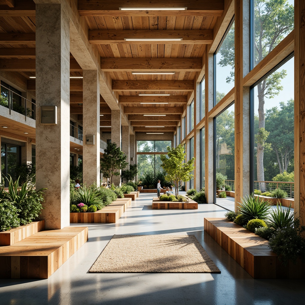 Prompt: Earthy visitor center, natural stone walls, wooden accents, warm beige tones, soft sage greens, calming blues, rustic metal fixtures, reclaimed wood furniture, organic textures, nature-inspired patterns, abundant greenery, floor-to-ceiling windows, panoramic views, warm sunny day, soft diffused lighting, shallow depth of field, 3/4 composition, realistic materials, ambient occlusion.