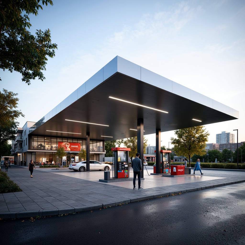 Prompt: Modern gas station, sleek metal canopy, LED lighting, futuristic fuel pumps, angular lines, minimalist design, spacious forecourt, asphalt pavement, urban landscape, busy street scene, morning sunlight, soft warm glow, shallow depth of field, 3/4 composition, panoramic view, realistic textures, ambient occlusion, convenient store entrance, large windows, glass doors, vibrant advertising signs, efficient customer flow, easy parking access, wheelchair accessibility, safety cameras, nighttime security lighting.