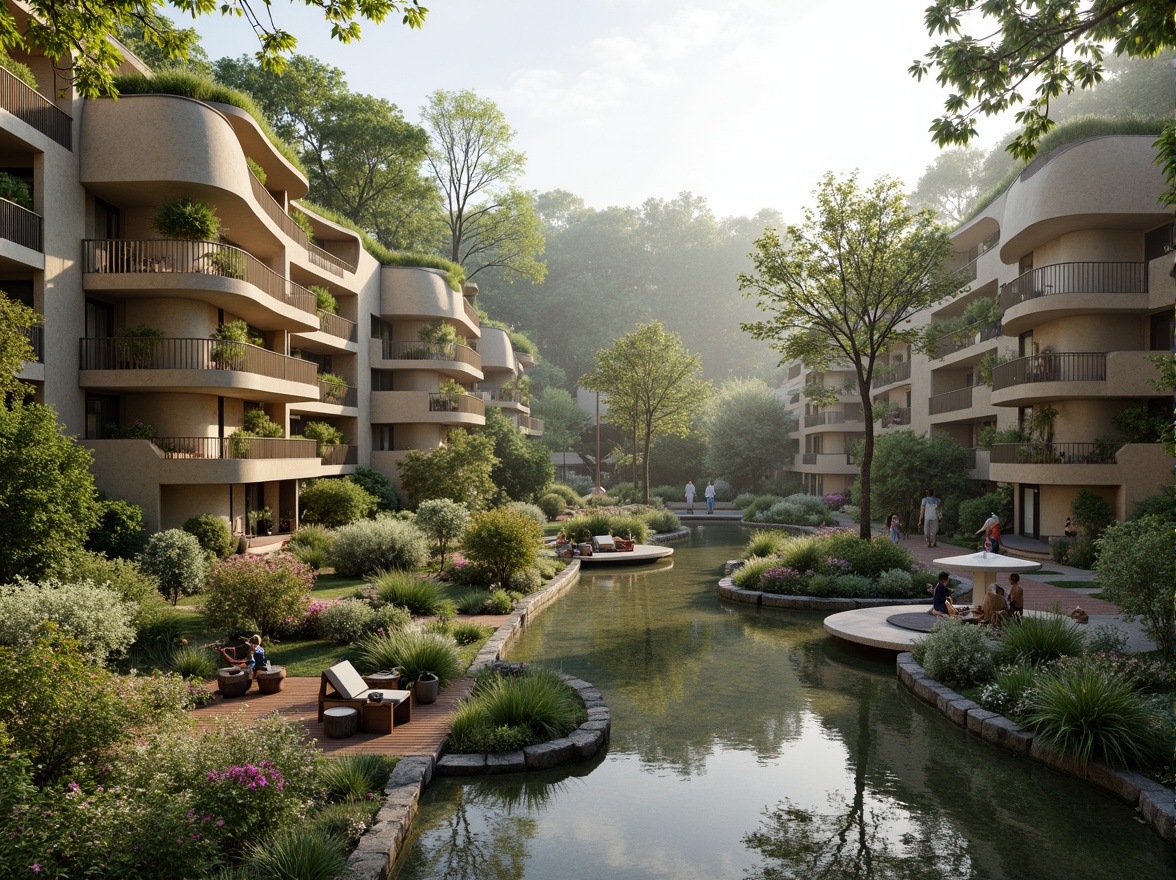 Prompt: Organic blob-shaped buildings, curved lines, futuristic architecture, lush green roofs, verdant walls, natural stone foundations, meandering pathways, serene water features, koi ponds, wooden decks, cantilevered structures, panoramic views, soft warm lighting, shallow depth of field, 3/4 composition, realistic textures, ambient occlusion, misty morning atmosphere, vibrant colorful flora, eclectic garden ornaments, whimsical sculptures.