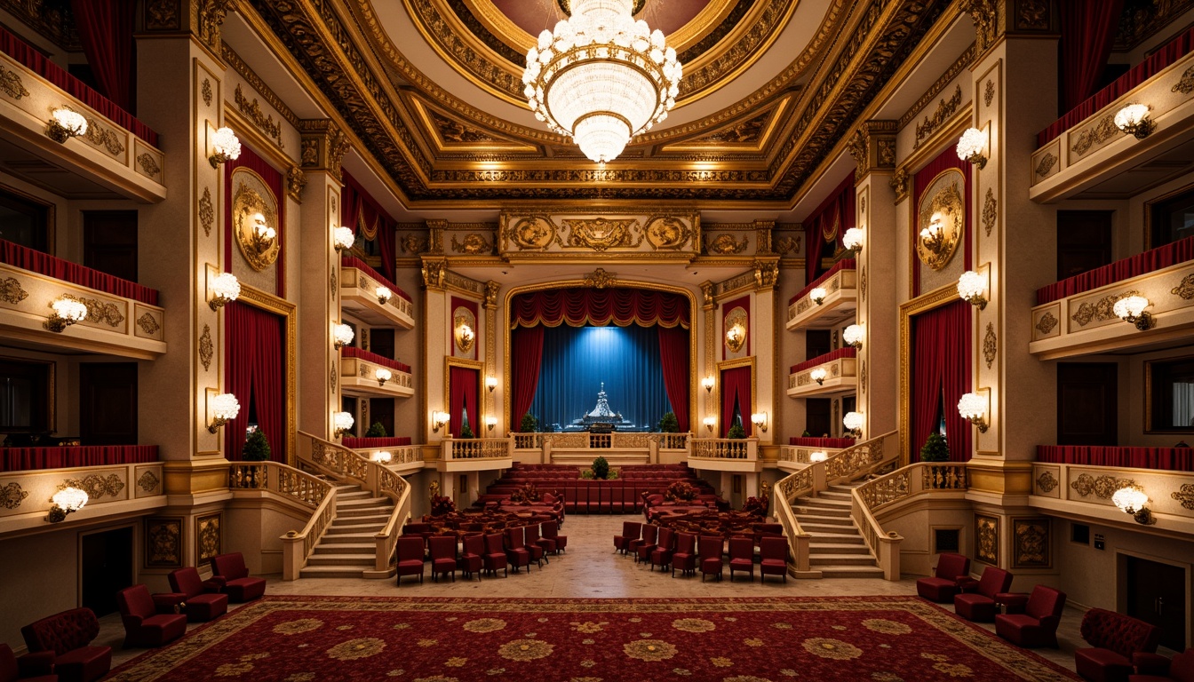 Prompt: Grandiose opera house, ornate golden details, crimson velvet curtains, majestic chandeliers, intricate moldings, marble floors, sweeping staircases, lavish furnishings, rich tapestries, dramatic spotlights, warm ambient lighting, shallow depth of field, 1/1 composition, symmetrical framing, opulent textures, subtle color grading.