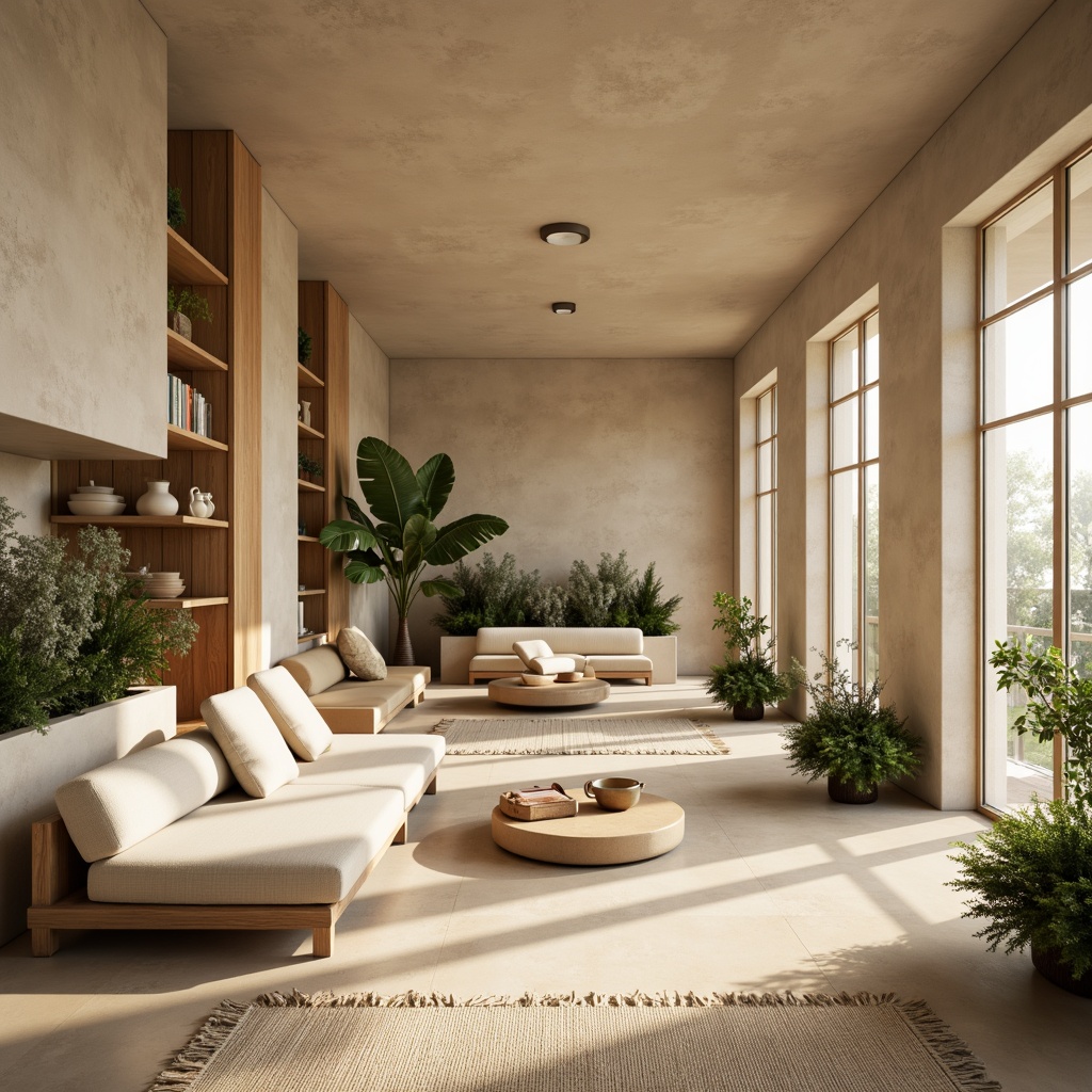 Prompt: Muted earthy tones, soft pastel hues, calming beige walls, natural wood accents, plush greenery, creamy whites, warm golden lighting, cozy reading nooks, comfortable seating areas, minimalist decor, subtle texture contrasts, organic shapes, serene atmosphere, shallow depth of field, 1/1 composition, realistic renderings, ambient occlusion.