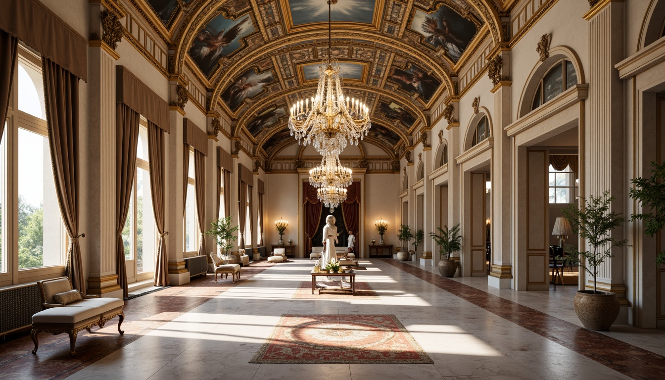 Prompt: Intricate marble patterns, ornate gold accents, luxurious velvet fabrics, rich wood grain textures, polished bronze details, grandiose columns, symmetrical archways, opulent crystal chandeliers, lavish fresco ceilings, stately stone statues, refined silk upholstery, majestic crown molding, sophisticated neutral color palette, soft warm lighting, shallow depth of field, 1/1 composition, realistic reflections, ambient occlusion.