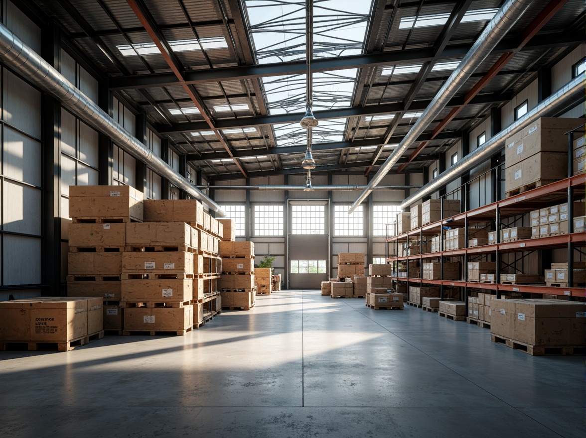 Prompt: Industrial distribution center, high ceilings, exposed ductwork, polished concrete floors, metal shelving units, natural light pouring in through skylights, clerestory windows, translucent panels, soft warm illumination, minimal artificial lighting, open floor plan, functional layout, modern industrial design, steel beams, wooden crates, cardboard boxes, busy warehouse atmosphere, shallow depth of field, 1/1 composition, realistic textures, ambient occlusion.