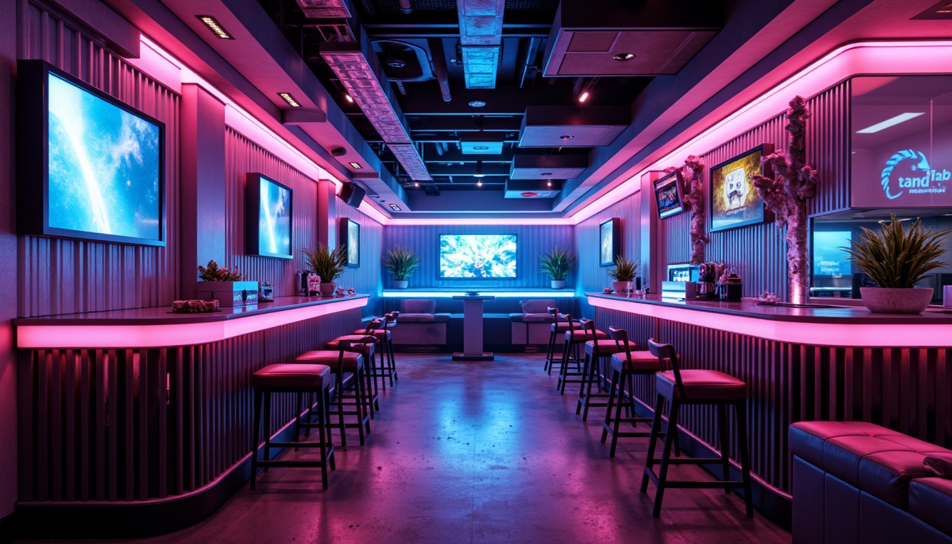 Prompt: Neon-lit pub interior, futuristic color palette, vibrant hues, electric blue accents, neon pink highlights, metallic silver tones, glossy black surfaces, holographic displays, cyberpunk-inspired decor, retro-futuristic ambiance, dimly lit atmosphere, moody lighting, 3/4 composition, shallow depth of field, cinematic rendering, realistic reflections, ambient occlusion.