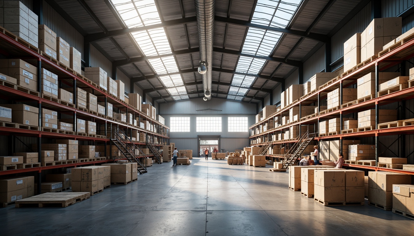 Prompt: Industrial distribution center, high ceilings, exposed ductwork, polished concrete floors, metal shelving units, natural light pouring in through skylights, clerestory windows, translucent panels, soft warm illumination, minimal artificial lighting, open floor plan, functional layout, modern industrial design, steel beams, wooden crates, cardboard boxes, busy warehouse atmosphere, shallow depth of field, 1/1 composition, realistic textures, ambient occlusion.