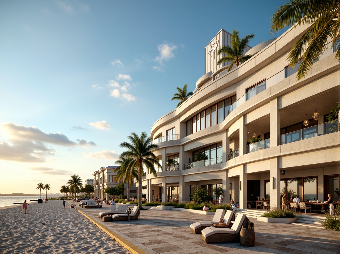 Prompt: Oceanfront Art Deco building, curved lines, ornate metalwork, nautical motifs, pastel color palette, geometric patterns, luxurious materials, marble floors, ornate chandeliers, grand staircases, lavish furnishings, coastal scenery, sandy beaches, palm trees, clear blue skies, warm sunny day, soft golden lighting, shallow depth of field, 1/1 composition, symmetrical framing, realistic textures, ambient occlusion.