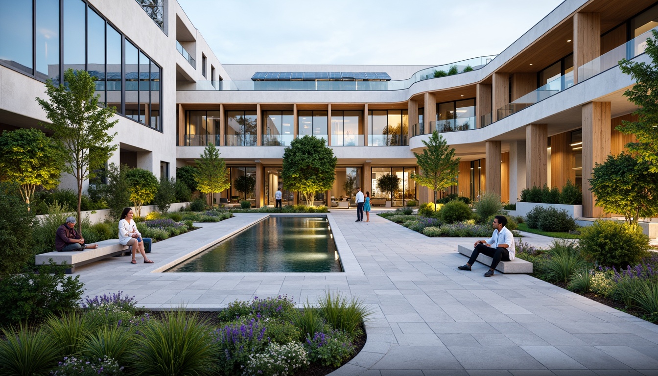 Prompt: Modern healthcare center, curved glass facade, natural stone walls, green roofs, solar panels, vertical gardens, calming water features, wheelchair-accessible ramps, automatic sliding doors, spacious lobbies, warm wooden accents, soft diffused lighting, 1/1 composition, shallow depth of field, realistic textures, ambient occlusion.