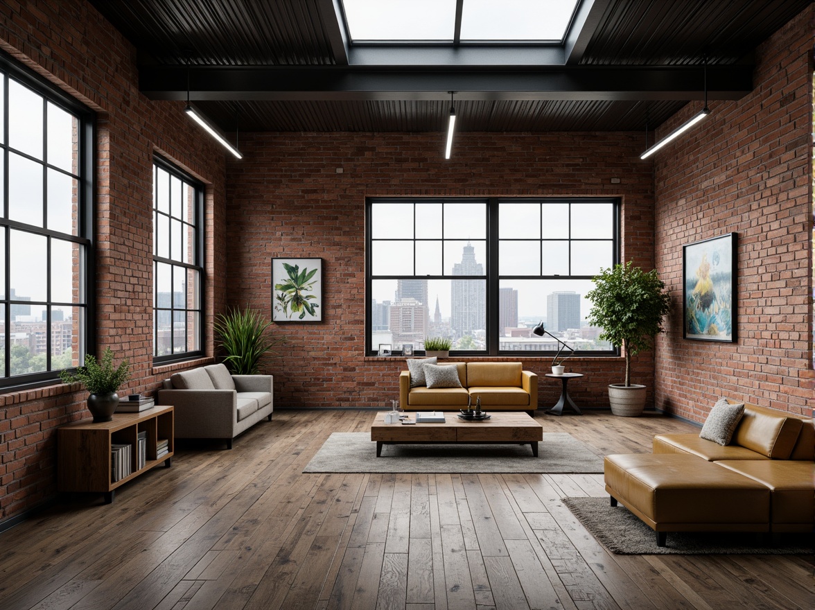 Prompt: Exposed brick walls, industrial metal beams, reclaimed wood floors, minimalist decor, urban cityscape views, large windows, clerestory windows, skylights, natural ventilation, airy open spaces, postmodernist architectural elements, distressed finishes, eclectic furniture, abstract artwork, moody atmospheric lighting, warm color palette, soft shadows, high contrast ratio, 1/1 composition, shallow depth of field, realistic textures, ambient occlusion.