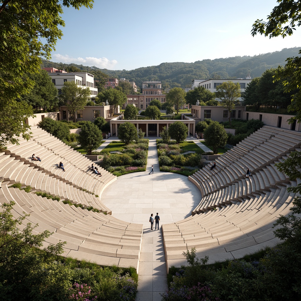 Prompt: Grand amphitheater, tiered seating, open central courtyard, lush greenery, natural stone flooring, curved architecture, panoramic views, warm sunny day, soft diffused lighting, shallow depth of field, 3/4 composition, realistic textures, ambient occlusion, comfortable audience seating, accessible walkways, minimal obstruction, clear sightlines, functional stage design, versatile performance space.