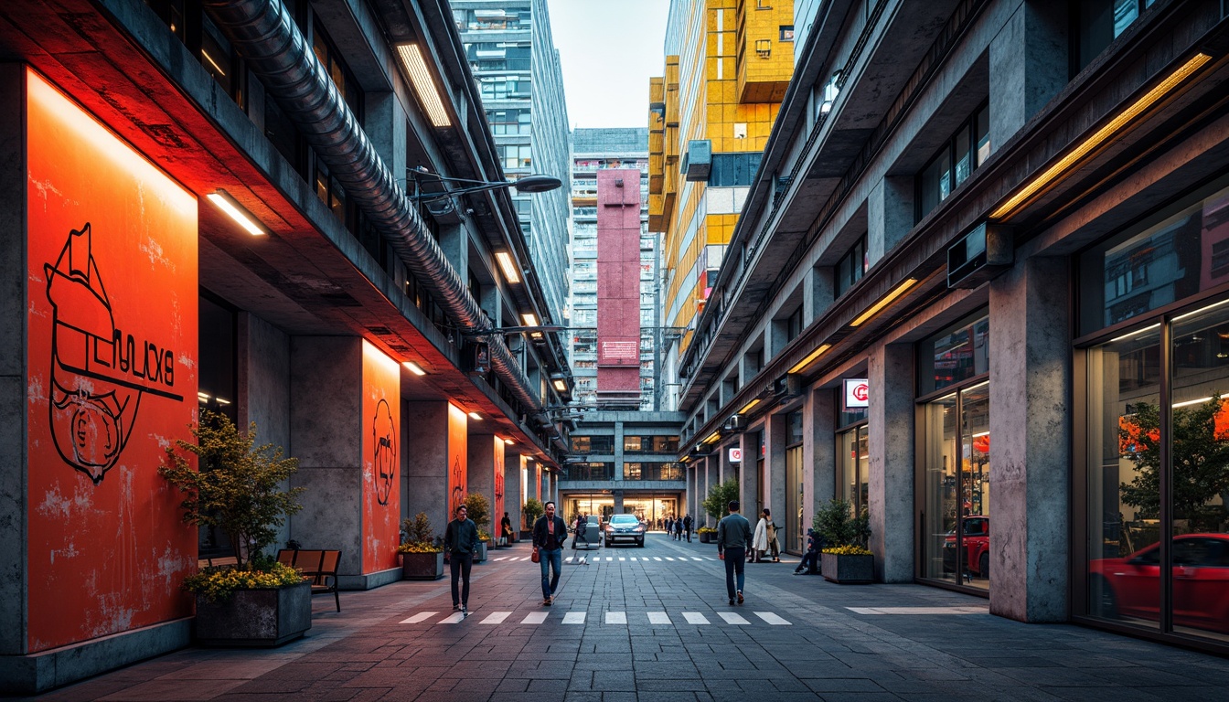 Prompt: Vibrant industrial colors, bold geometric shapes, abstract forms, metallic materials, exposed ductwork, urban cityscape, brutalist concrete structures, functional pipes, mechanical details, avant-garde design, radical angles, fragmented compositions, overlapping planes, dynamic lighting, high-contrast shadows, 1/1 composition, dramatic focal points, futuristic atmosphere, neon accents, bold typography, abstract patterns, distressed textures.