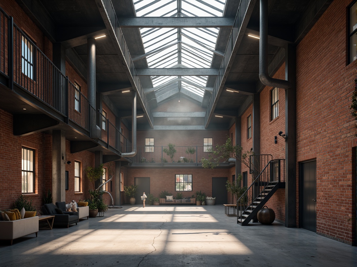 Prompt: Industrial warehouse interior, exposed ductwork, metal beams, concrete floors, rustic brick walls, high ceilings, natural light pouring through skylights, warm ambient lighting, softbox lights, task lamps, suspended linear fixtures, LED strips, diffused shadows, subtle color temperature, 1/2 composition, shallow depth of field, realistic textures, ambient occlusion.