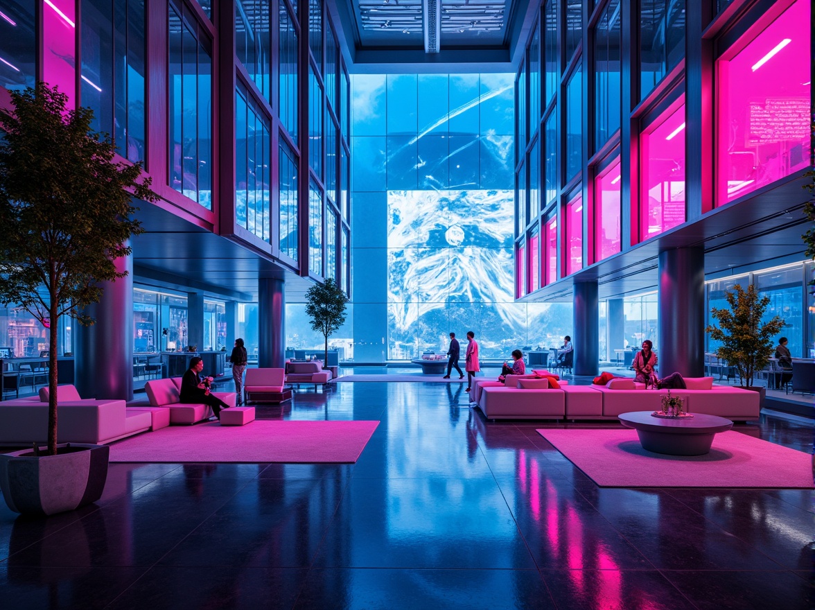 Prompt: Futuristic dwelling, neon-lit cityscape, sleek metallic surfaces, iridescent glass facades, holographic accents, luminescent LED lights, electric blue hues, hot pink undertones, chrome-plated details, high-gloss finishes, minimalist decor, geometric patterns, 3D-printed furniture, virtual reality interfaces, augmented reality displays, cyberpunk-inspired aesthetics, dystopian ambiance, low-poly textures, atmospheric fog effects, cinematic lighting, shallow depth of field, 1/1 composition, panoramic view.