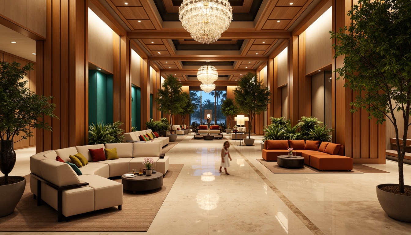 Prompt: Luxurious hotel lobby, rich wood accents, warm beige marble floors, soft golden lighting, plush velvet furniture, elegant crystal chandeliers, sophisticated neutral color scheme, calming natural materials, earthy terracotta tones, vibrant turquoise accents, refreshing greenery walls, modern minimalist decor, sleek metal fixtures, inviting cozy atmosphere, warm ambient glow, shallow depth of field, 1/1 composition, realistic textures, subtle gradient effects.