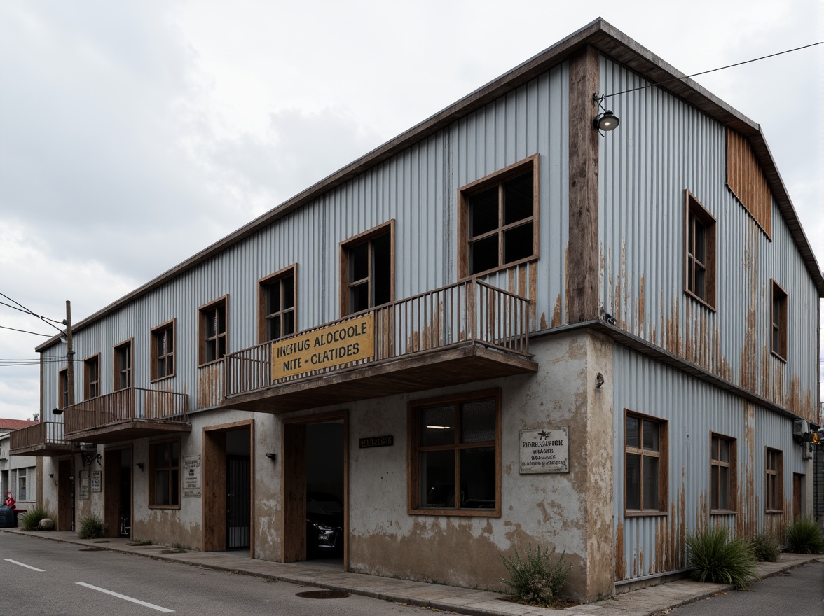 Prompt: Rustic industrial building, corrugated iron cladding, weathered metal surfaces, distressed finishes, rough concrete foundations, worn wooden accents, faded signage, neglected urban landscape, overcast sky, soft diffused lighting, shallow depth of field, 1/1 composition, realistic wear and tear, ambient occlusion.