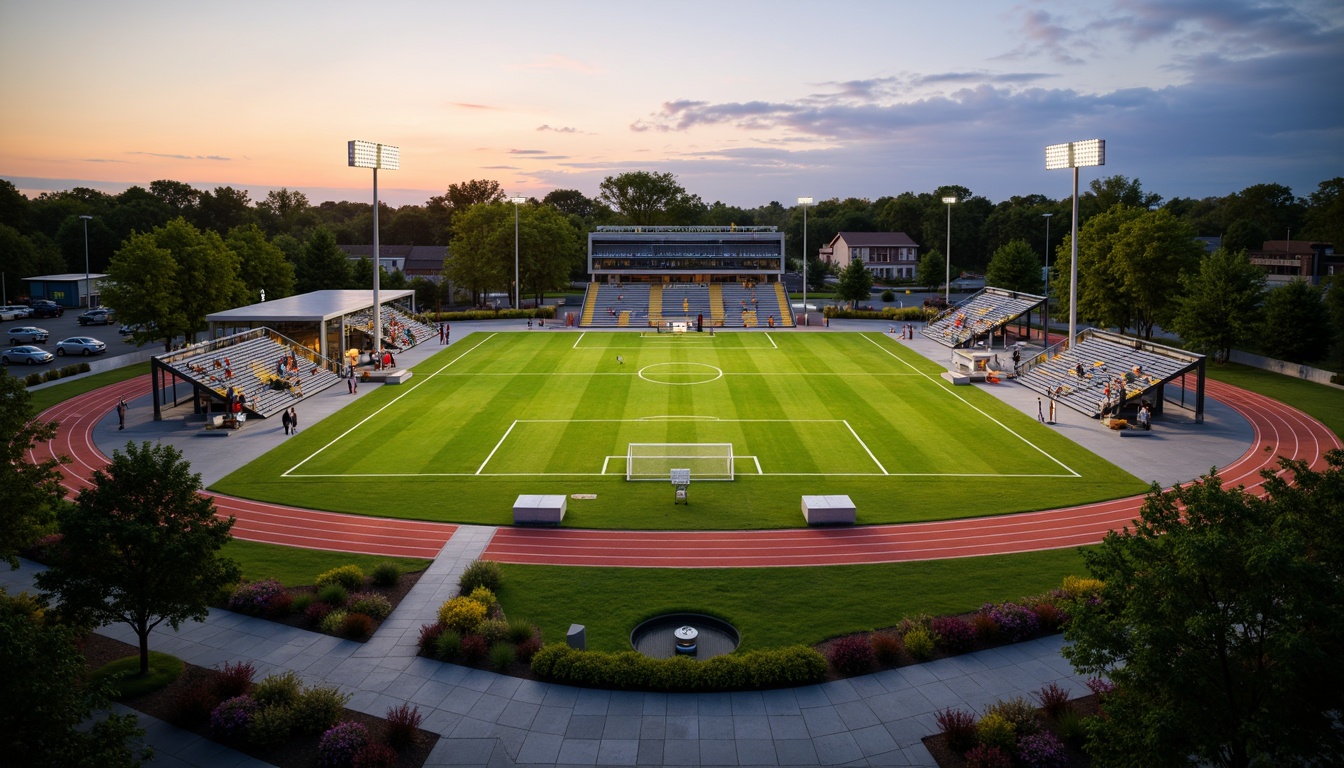 Prompt: Natural grass fields, athletic tracks, sports equipment, goalposts, bleachers, scoreboard, floodlights, evening ambiance, warm sunset lighting, shallow depth of field, 3/4 composition, panoramic view, realistic textures, ambient occlusion, modern sports facility architecture, sleek metal structures, durable concrete surfaces, vibrant team colors, dynamic crowd scenes, energetic atmosphere, safety fencing, accessible walkways, parking lots, surrounding trees, lush landscaping.