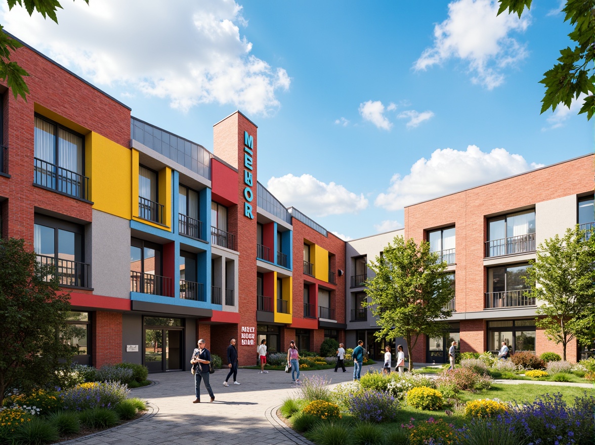 Prompt: Vibrant high school building, eclectic facade design, bold color blocking, dynamic brick patterns, modern metal accents, industrial chic windows, asymmetrical rooflines, playful column details, educational signage, lively courtyard spaces, lush greenery, blooming flowers, natural stone walkways, warm sunny day, soft diffused lighting, shallow depth of field, 3/4 composition, panoramic view, realistic textures, ambient occlusion.