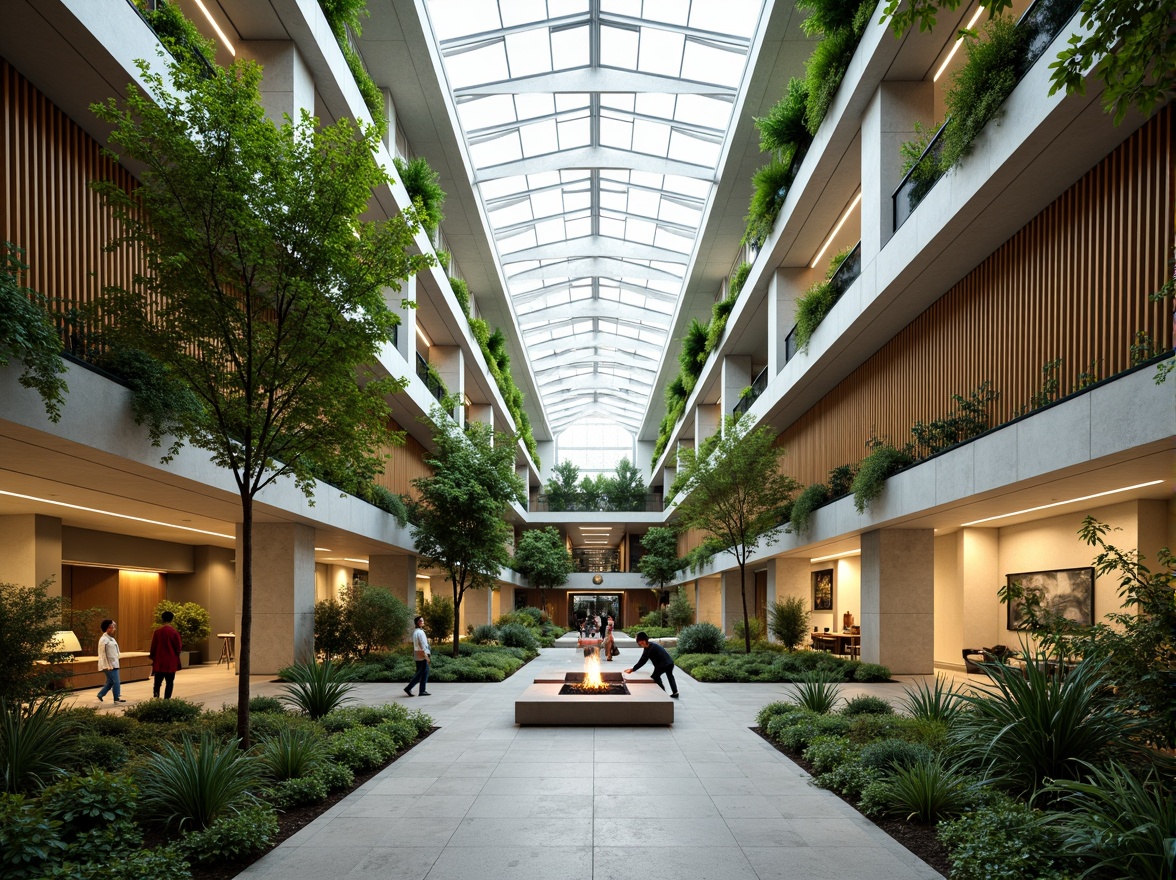 Prompt: Vibrant atrium, lush greenery, natural stone walls, wooden accents, floor-to-ceiling windows, clerestory windows, skylights, open floor plans, minimalist decor, reflective surfaces, bright color schemes, warm ambient lighting, soft shadows, 1/1 composition, shallow depth of field, panoramic view, realistic textures, ambient occlusion.