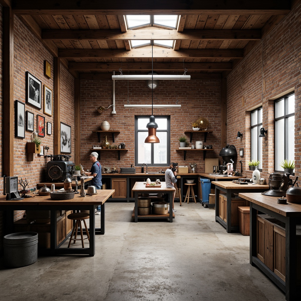 Prompt: Industrial workshop atmosphere, exposed brick walls, metal beams, reclaimed wood accents, functional machinery, vintage tools, earthy color palette, muted tones, warm beige, industrial blue, rusty red, weathered copper, distressed textures, rough concrete floors, overhead lighting, softbox shadows, 1/1 composition, realistic render, ambient occlusion.