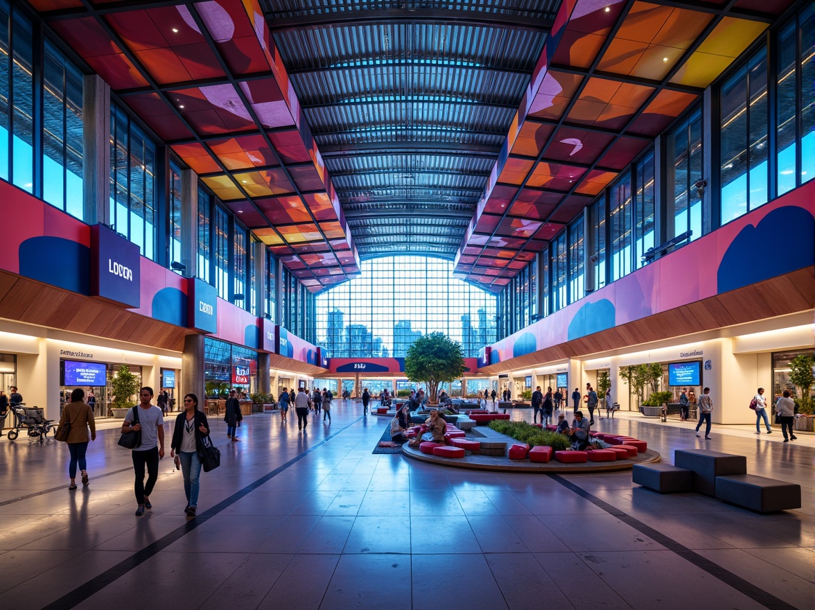 Prompt: Vibrant airport terminal, curved lines, dynamic shapes, bold colors, abstract patterns, futuristic architecture, large glass windows, metallic structures, LED light installations, digital displays, modern signage, airy atriums, open spaces, natural stone floors, sleek benches, minimalist decor, ambient lighting, shallow depth of field, 3/4 composition, panoramic view, realistic textures, ambient occlusion.