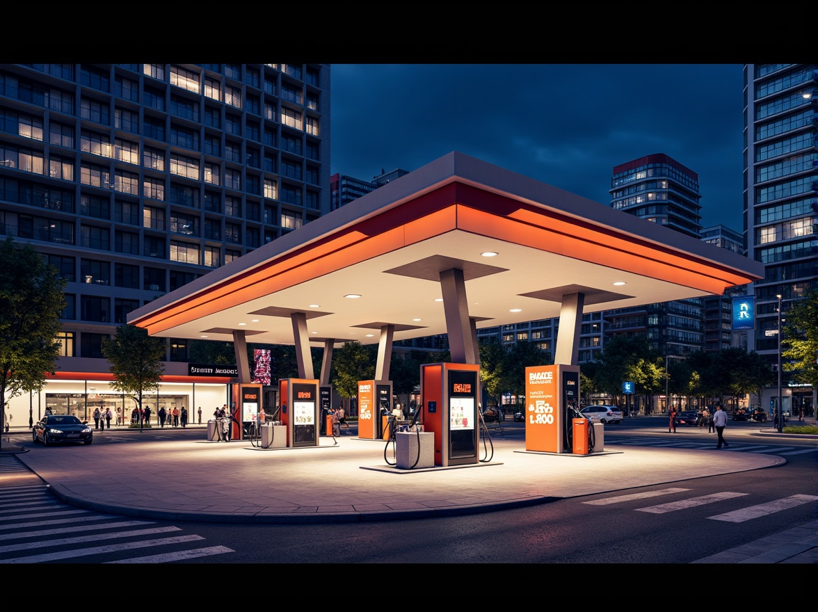 Prompt: Geometric gas station, bold primary colors, industrial materials, angular lines, minimalist design, cantilevered canopies, functional typography, urban landscape, busy streets, modern cityscape, dramatic nighttime lighting, high-contrast shadows, 1/1 composition, symmetrical framing, realistic reflections, ambient occlusion, futuristic fuel pumps, sleek metal accents, neon signage, retro-futuristic aesthetic.