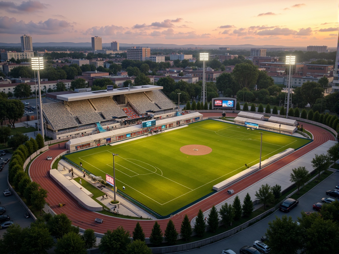 Prompt: Natural grass fields, athletic tracks, sports equipment, goalposts, bleachers, scoreboard, floodlights, evening ambiance, warm sunset lighting, shallow depth of field, 3/4 composition, panoramic view, realistic textures, ambient occlusion, modern sports facility architecture, sleek metal structures, durable concrete surfaces, vibrant team colors, dynamic crowd scenes, energetic atmosphere, safety fencing, accessible walkways, parking lots, surrounding trees, lush landscaping.