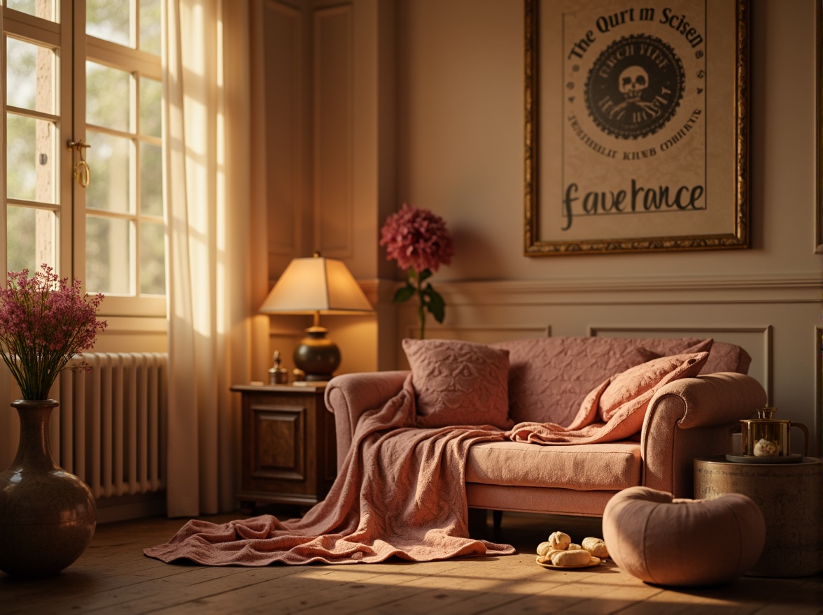 Prompt: Soft candlelight, warm beige walls, rich velvet fabrics, delicate lace details, pastel pink hues, muted gold accents, distressed wood furniture, vintage floral patterns, whimsical script typography, dreamy misty atmosphere, warm golden lighting, shallow depth of field, 1/1 composition, intimate close-up shots, realistic textures, ambient occlusion.