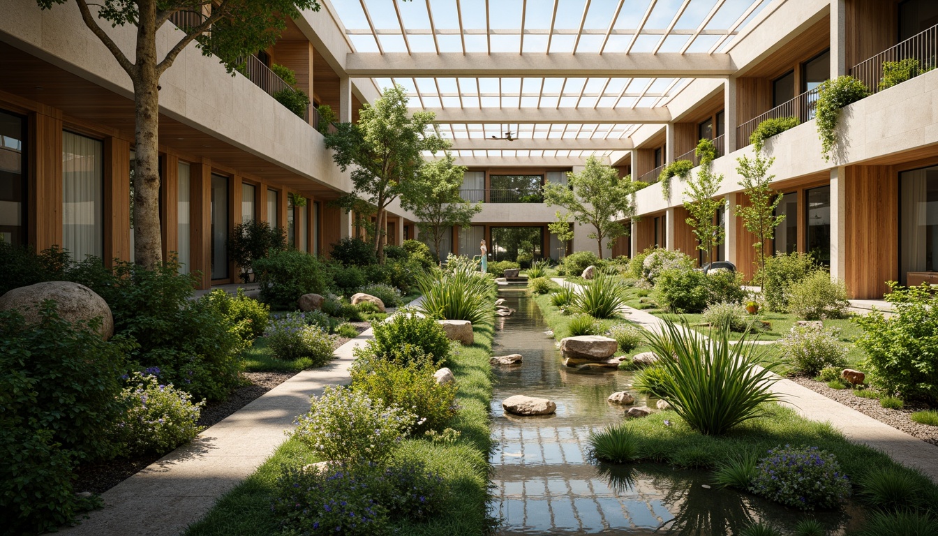 Prompt: Vibrant atrium, lush greenery, natural stone walls, wooden accents, floor-to-ceiling windows, clerestory windows, skylights, solar tubes, reflective surfaces, minimalist interior design, open-plan layout, airy atmosphere, warm sunny day, soft diffused lighting, shallow depth of field, 1/1 composition, panoramic view, realistic textures, ambient occlusion.