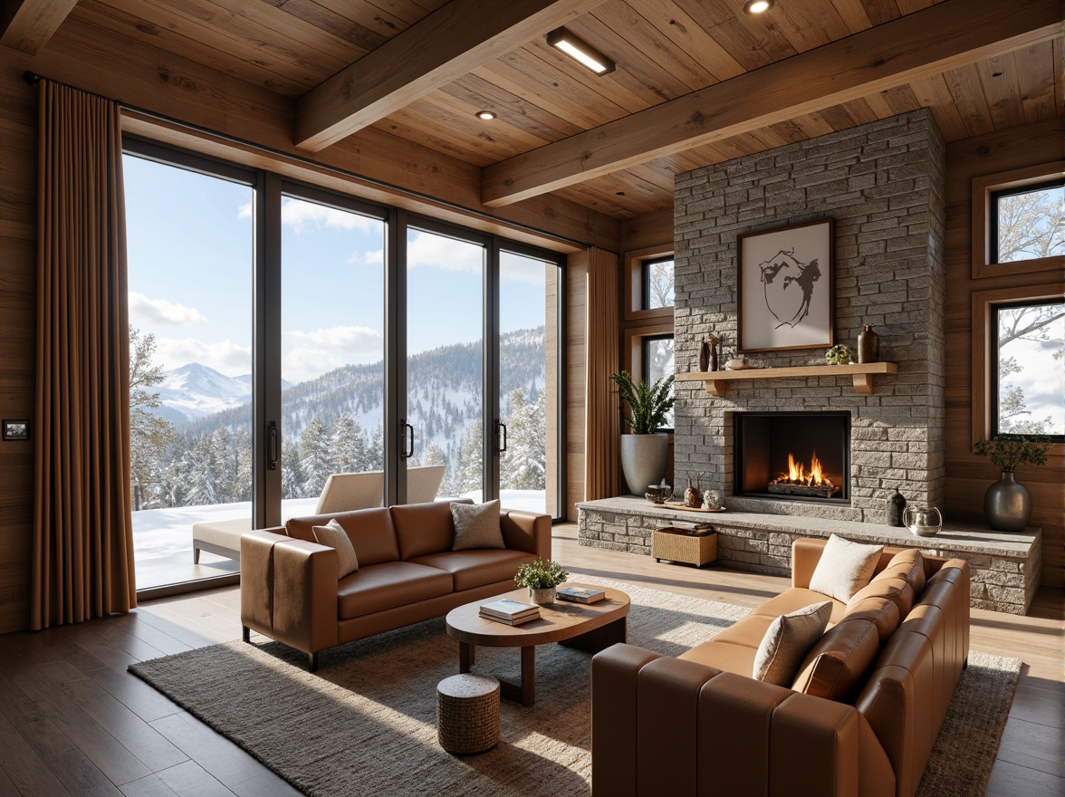 Prompt: Luxurious ski lodge, modern wooden accents, sleek metal fixtures, warm ambient lighting, plush area rugs, comfortable sofas, rustic stone fireplaces, reclaimed wood walls, polished chrome hardware, minimalist decor, snowy mountain views, large windows, sliding glass doors, cozy reading nooks, rich leather upholstery, natural textiles, earthy color palette, warm beige tones, soft cream accents, 1/1 composition, shallow depth of field, realistic reflections, ambient occlusion.