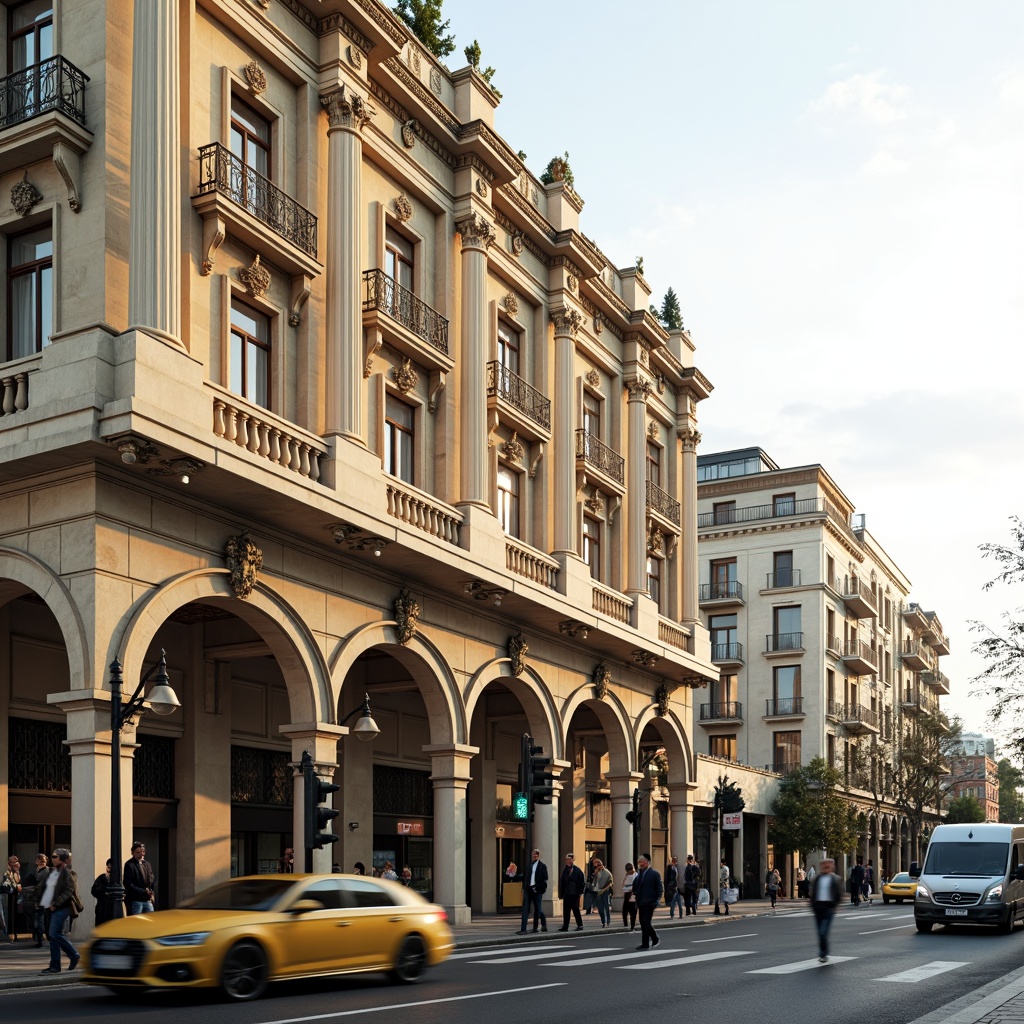 Prompt: Grandiose neoclassical building, ornate facade details, Corinthian columns, symmetrical composition, elegant arches, intricate carvings, ornamental moldings, luxurious marble materials, subtle cream colors, soft golden lighting, shallow depth of field, 1/1 composition, realistic textures, ambient occlusion, urban cityscape, busy streets, historic landmarks, vibrant cultural atmosphere.