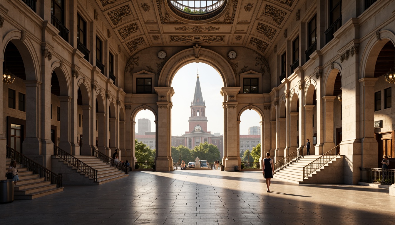 Prompt: Grand bus station, ornate fa\u00e7ade, classical columns, architrave details, rusticated stone walls, symmetrical composition, grand entrance, sweeping staircases, elegant chandeliers, intricate moldings, vintage clock towers, historic landmarks, urban cityscape, morning sunlight, soft warm lighting, shallow depth of field, 1/1 composition, realistic textures, ambient occlusion.