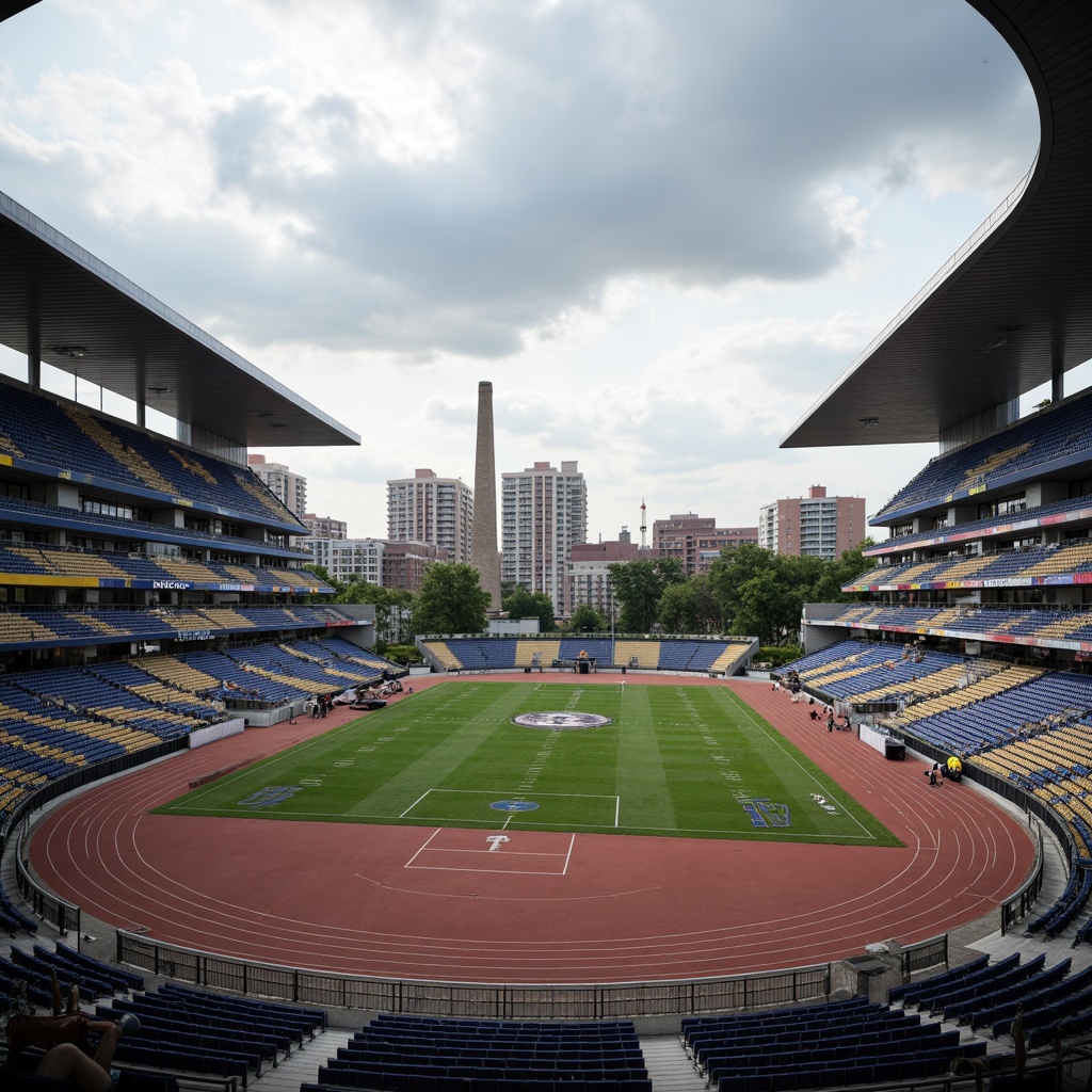 Prompt: Functional stadium layout, asymmetrical fa\u00e7ade, rectangular shapes, industrial materials, exposed ductwork, minimalist aesthetics, open circulation spaces, cantilevered roofs, geometric patterns, bold color schemes, athletic track, football field, spectator seating, modernist architecture, urban landscape, cloudy sky, dramatic lighting, high contrast, 1/2 composition, wide-angle lens, realistic textures, ambient occlusion.