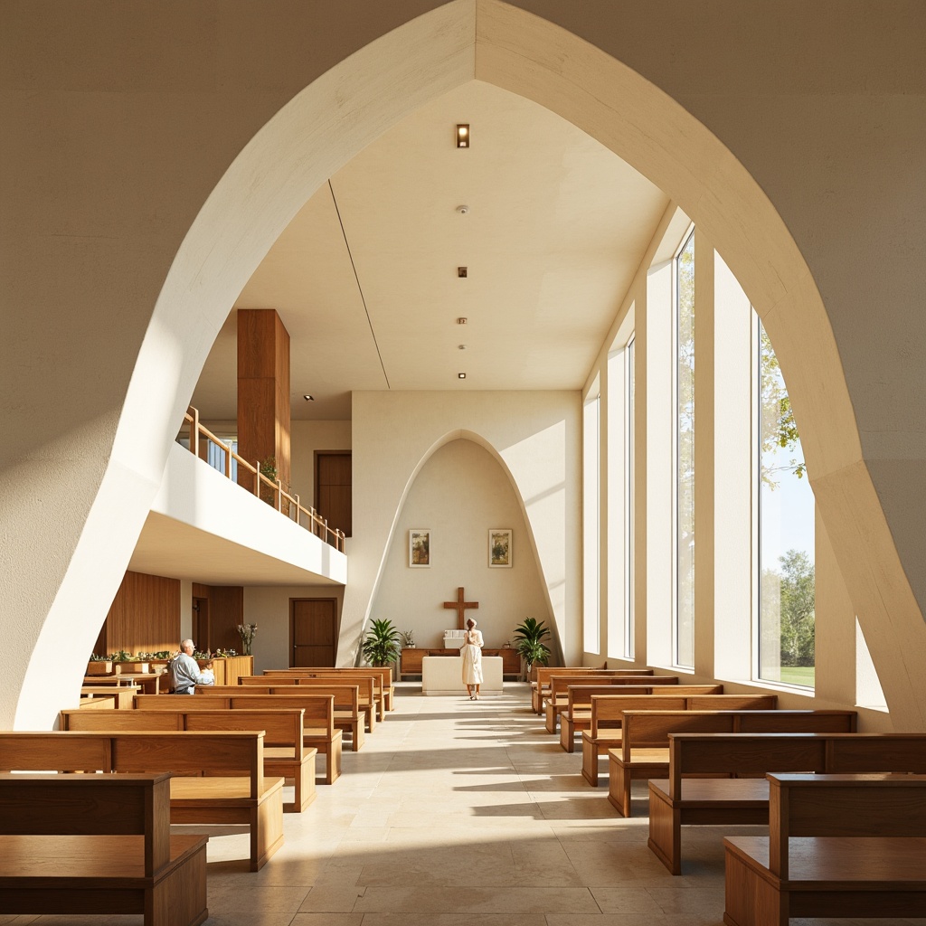 Prompt: Sleek modern church, curved lines, minimalist architecture, cream-colored stone walls, large stained glass windows, subtle natural light, warm beige interior, polished wooden pews, simple altar design, soft golden lighting, shallow depth of field, 1/1 composition, realistic textures, ambient occlusion, calming atmosphere, serene ambiance, gentle color palette, soothing earth tones, muted pastel hues.