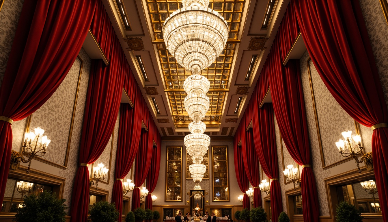 Prompt: Opulent chandeliers, crystal droplets, polished chrome accents, geometric metalwork, luxurious velvet drapes, rich wood paneling, ornate mirrors, lavish sconces, intricate glass inlays, metallic leaf patterns, sunburst motifs, bold color schemes, dramatic ceiling fixtures, layered lighting effects, warm golden glow, soft diffused illumination, 1/1 composition, symmetrical framing, high-contrast rendering.