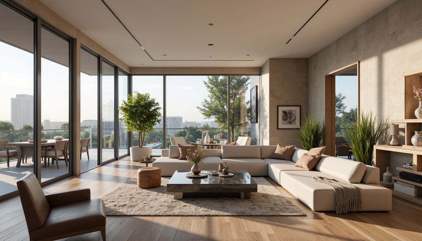 Prompt: Modern living room, sleek furniture, minimalist decor, functional layout, ample natural light, floor-to-ceiling windows, sliding glass doors, polished hardwood floors, comfortable seating areas, stylish coffee tables, decorative vases, greenery accents, soft warm lighting, 1/1 composition, shallow depth of field, realistic textures, ambient occlusion.