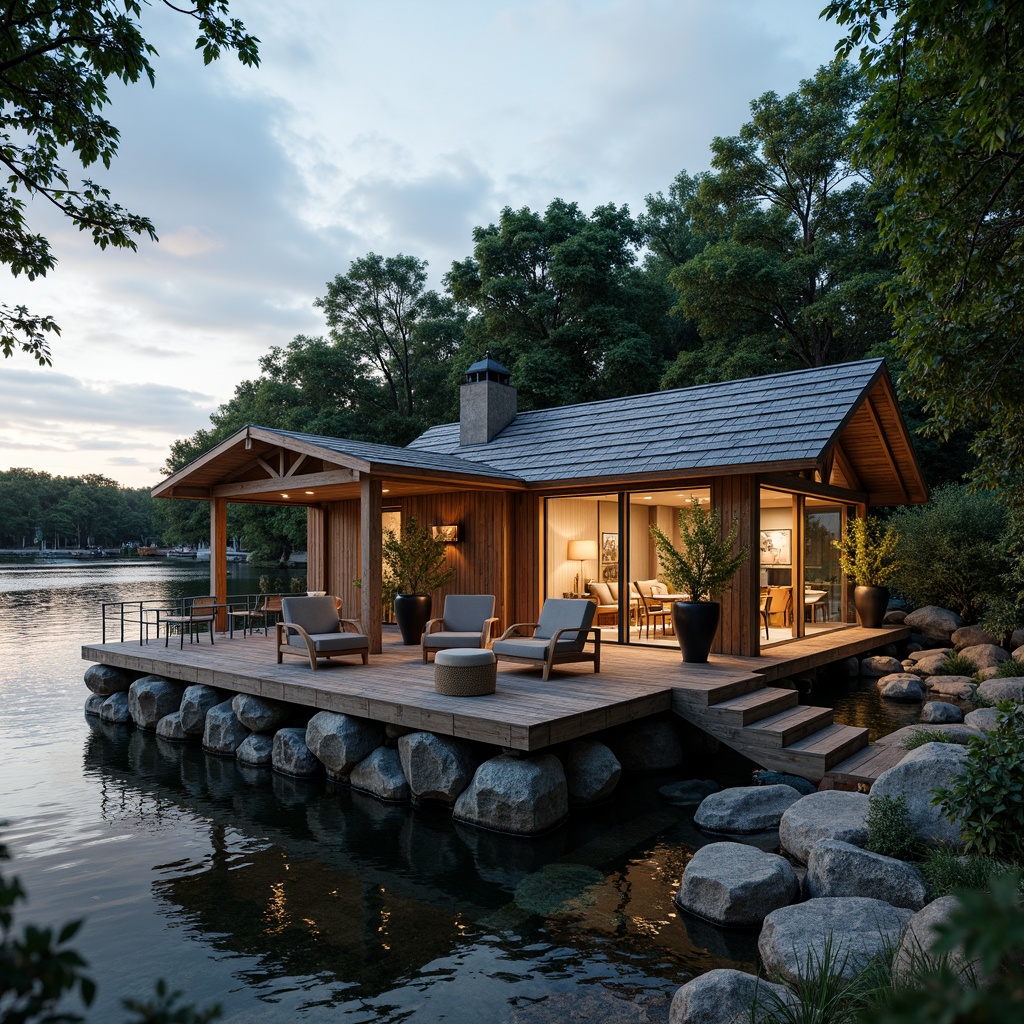 Prompt: Waterfront boathouse, rustic wooden docks, natural stone foundations, reclaimed wood accents, eco-friendly roofing materials, solar panels, rainwater harvesting systems, living green walls, nautical-themed decorative elements, cozy interior spaces, warm ambient lighting, shallow depth of field, 1/1 composition, realistic textures, soft focus effect.