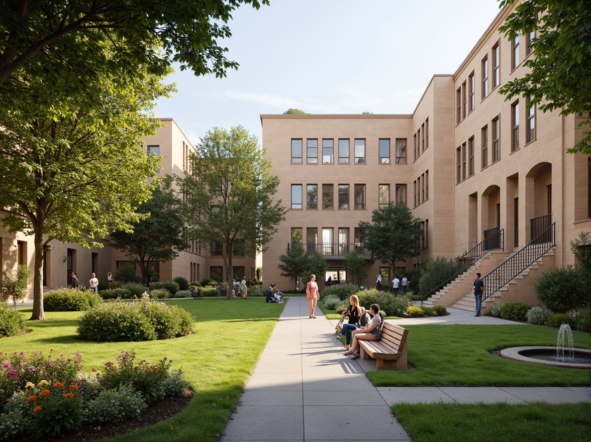 Prompt: Renaissance-style high school building, lush green lawns, blooming flower beds, ornate fountains, walking paths, decorative lamp posts, mature trees, vibrant seasonal plants, natural stone benches, curved staircases, grand entranceways, symmetrical architecture, warm beige stonework, tall columns, arched windows, soft afternoon sunlight, shallow depth of field, 1/2 composition, realistic textures, ambient occlusion.