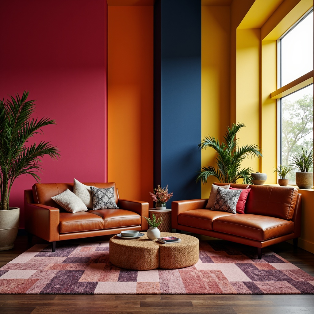 Prompt: Vibrant accent walls, bold color blocking, contrasting furniture upholstery, richly textured rugs, metallic decorative accents, modern minimalist decor, sleek low-profile seating, geometric patterned throw pillows, warm ambient lighting, soft focus blur, 1/2 composition, shallow depth of field, realistic material reflections.