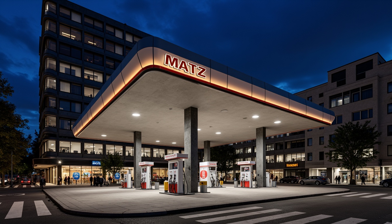 Prompt: Functional gas station, geometric shapes, industrial materials, steel beams, concrete pillars, minimalist aesthetic, bold typography, primary color scheme, functional lighting, urban landscape, busy streets, modern architecture, angular lines, rectangular forms, cantilevered canopies, glass facades, metallic accents, brutalist elements, functional simplicity, high-contrast shadows, dramatic nighttime lighting, 1/1 composition, symmetrical framing, realistic textures, ambient occlusion.