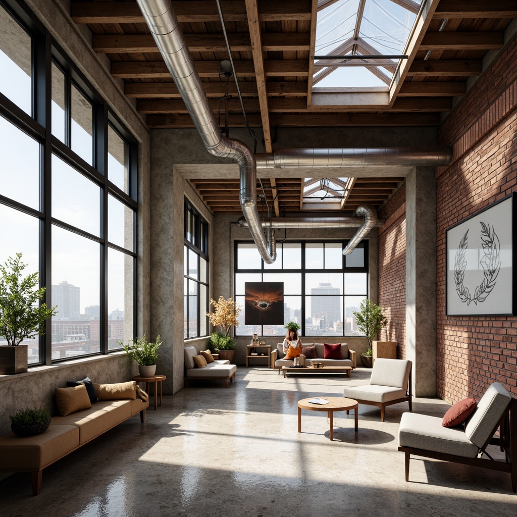 Prompt: Exposed ductwork, industrial pipes, reclaimed wood accents, metal beams, concrete floors, brick walls, large windows, skylights, open floor plans, minimalist decor, functional spaces, eclectic furniture, vintage decorative items, bold color schemes, abstract artwork, urban cityscape views, soft natural lighting, shallow depth of field, 1/1 composition, realistic textures, ambient occlusion.