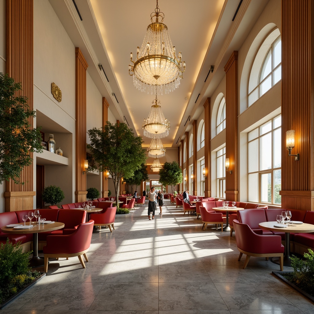 Prompt: Elegant dining hall, luxurious chandeliers, rich wood tones, warm beige walls, soft cream accents, velvety red upholstery, golden metallic fixtures, sophisticated gray marble floors, lavish greenery, natural light pouring in, airy atmosphere, shallow depth of field, 1/1 composition, realistic textures, ambient occlusion.