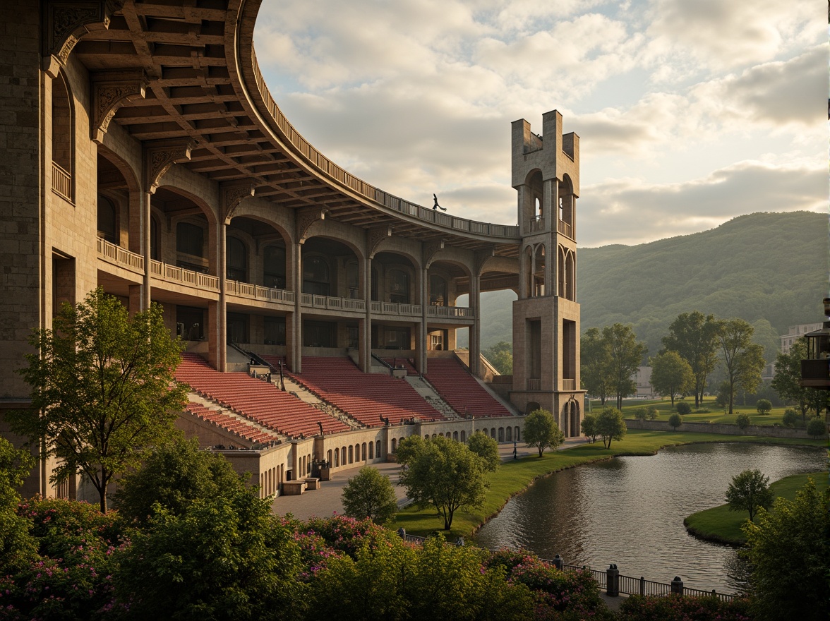 Prompt: Majestic gothic stadium, grandiose arches, ribbed vaults, flying buttresses, ornate stone carvings, mystical gargoyles, lush greenery, vibrant flowers, rolling hills, serene lakeside, misty atmosphere, dramatic cloudy sky, warm golden lighting, shallow depth of field, 1/1 composition, symmetrical view, realistic textures, ambient occlusion, intricate stonework patterns, ornate metal railings, grand entrance gates, imposing towers, majestic spires.