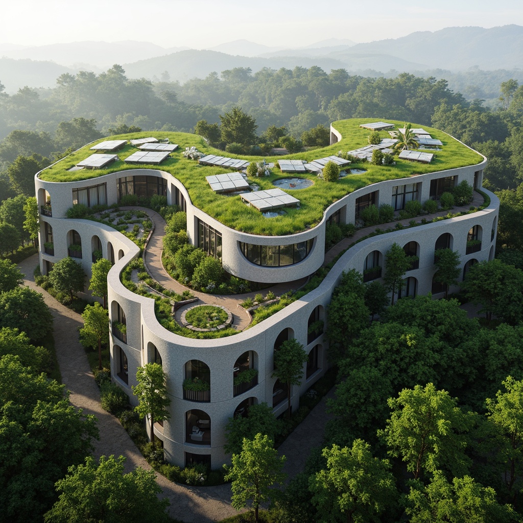 Prompt: Harmonious eco-friendly building, lush green roofs, living walls, solar panels, wind turbines, rainwater harvesting systems, natural stone fa\u00e7ades, curved lines, organic shapes, seamless integration with surroundings, serene forest environment, misty morning atmosphere, soft diffused lighting, shallow depth of field, 1/1 composition, realistic textures, ambient occlusion.