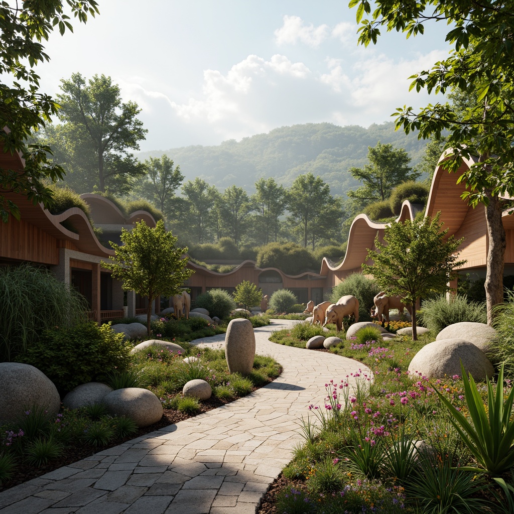 Prompt: Whimsical zoo entrance, undulating organic forms, vibrant green roofs, wavy wooden structures, natural stone walls, playful animal sculptures, meandering pathways, lush tropical plants, exotic flowers, misty atmosphere, soft warm lighting, shallow depth of field, 1/1 composition, panoramic view, realistic textures, ambient occlusion, futuristic biomimicry elements, curved lines, irregular shapes, earthy color palette, natural ventilation systems, eco-friendly materials, innovative water features.