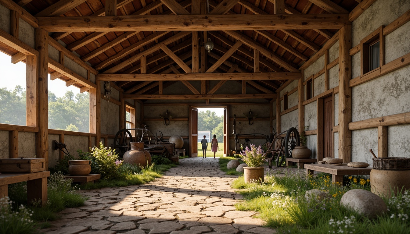 Prompt: Rustic barn, wooden beams, vintage farm tools, hayloft, natural stone walls, earthy color palette, curved rooflines, asymmetrical architecture, distressed wood textures, wildflower meadow, sunny afternoon, soft warm lighting, shallow depth of field, 1/1 composition, intimate close-up shots, realistic weathering effects, ambient occlusion.